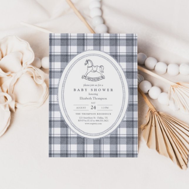 Invitación Ducha de bebé de cuadros prep con caballo mecedor  (Subido por el creador)