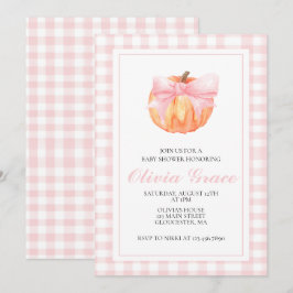 Invitación Ducha de bebé de cuadros rosa calabaza con lazo