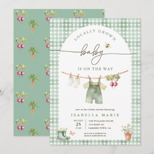Invitación Ducha de bebé de cuadros verde salvia de cosecha l