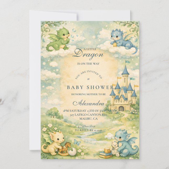Invitación Ducha de bebé de cuento del pequeño dragón (Anverso)