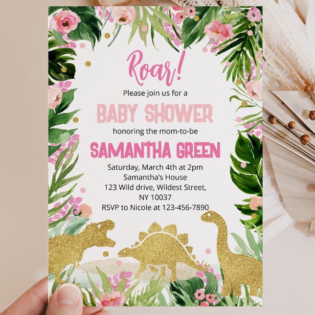 Invitación Ducha de Bebé de Dinosaurio de Oro Rosa (Subido por el creador)