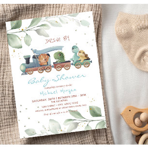 Invitación Ducha de bebé de dinosaurios en tren que pasan