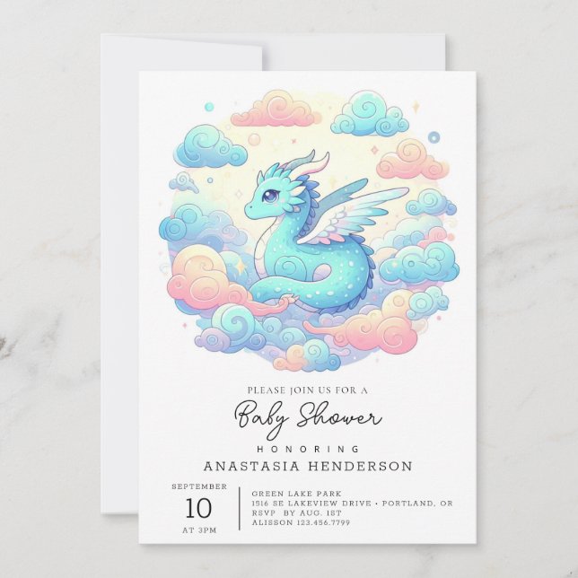 Invitación Ducha de bebé de dragón de dibujos animados (Anverso)