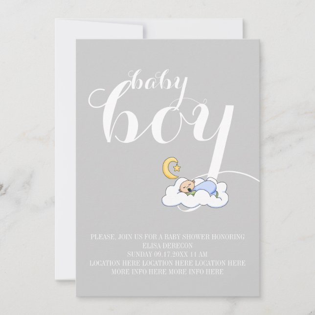 Invitación Ducha de bebé de duelo elegante gris de texto (Anverso)