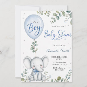Invitación Ducha de bebé de elefante acuarela eucalipto azul