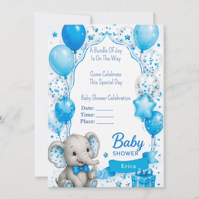 Invitación Ducha de Bebé de Elefante Adorable 🐘 (Anverso)