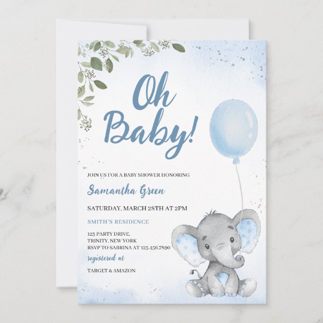 Invitación Ducha de Bebé de Elefante Azul (Anverso)