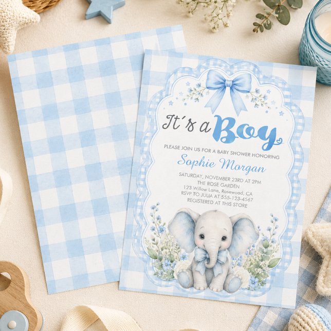 Invitación Ducha de bebé de elefante azul de gingham Es un ni (Subido por el creador)
