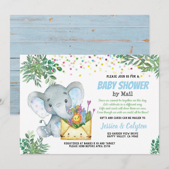 Invitación Ducha de bebé de Elefante Azul por correo verde (Anverso / Reverso)