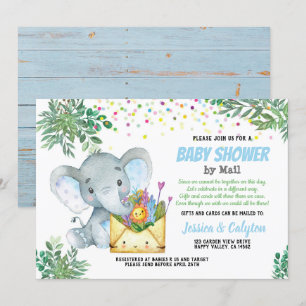 Invitación Ducha de bebé de Elefante Azul por correo verde
