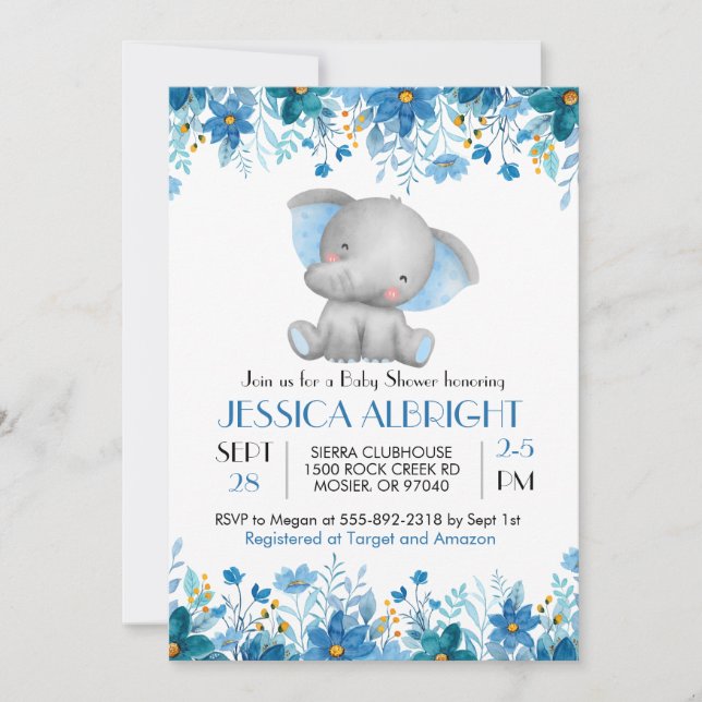Invitación Ducha de bebé de elefante azul Sprinkle  (Anverso)