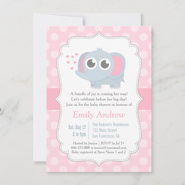 Invitación Ducha de bebé de elefante bebé moderno con lunares (Anverso)