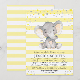 Invitación Ducha de bebé de elefante con lunares gris y amari