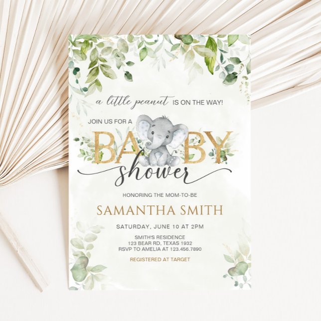 Invitación Ducha de bebé de elefante con vegetación (Little Peanut Baby Shower Invitation)