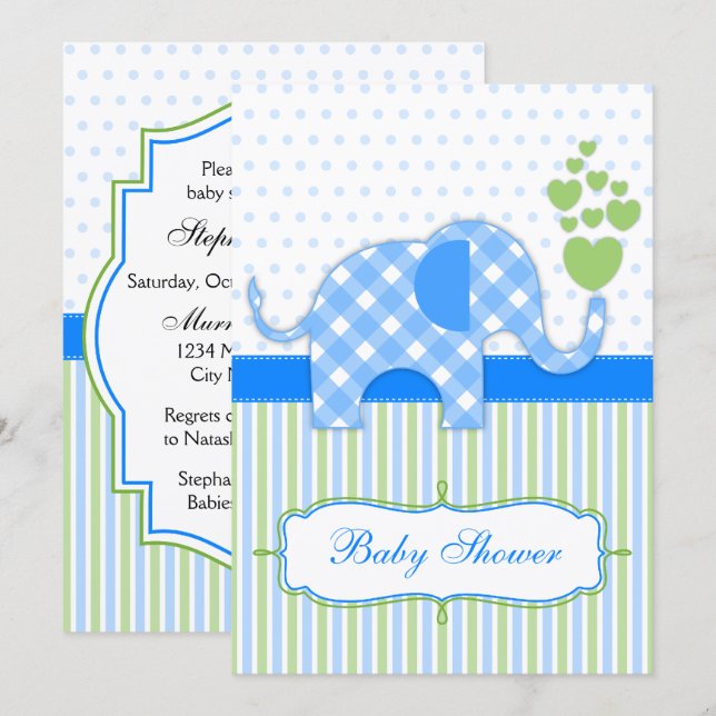 Invitación Ducha de bebé de elefante de gingham azul (Anverso / Reverso)