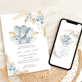 Invitación Ducha de bebé de elefante de hierba de Pampas azul