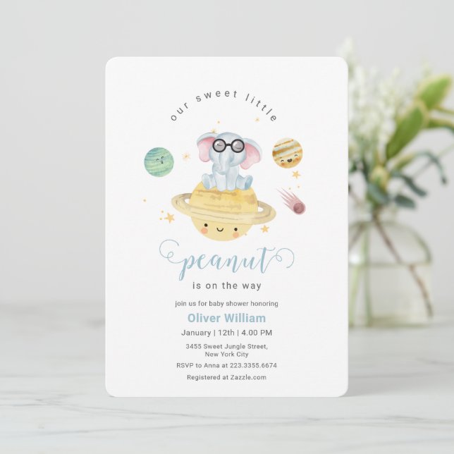 Invitación Ducha de bebé de elefante en el espacio exterior a (Anverso de pie)