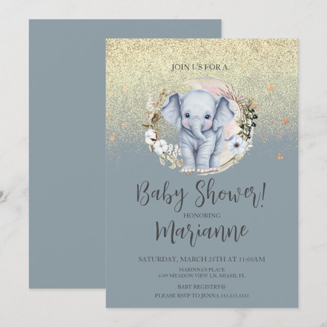Invitación Ducha de bebé de elefante falso oro brillo azul po (Anverso / Reverso)