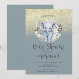 Invitación Ducha de bebé de elefante falso oro brillo azul po