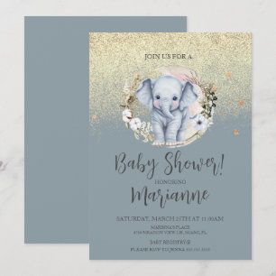 Invitación Ducha de bebé de elefante falso oro brillo azul po