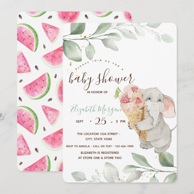 Invitación Ducha de bebé de elefante lindo helado sandía  (Anverso / Reverso)