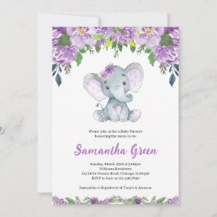 Invitación Ducha de Bebé de Elefante Morado