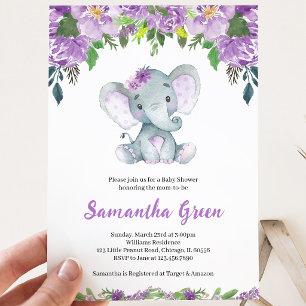 Invitación Ducha de Bebé de Elefante Morado