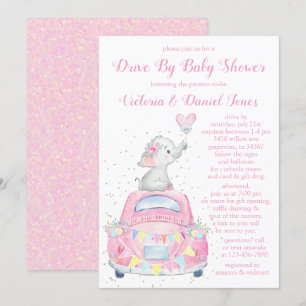 Invitación Ducha de bebé de elefante niña en coche de paso