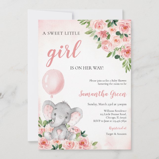 Invitación Ducha de Bebé de Elefante Niña Rosa (Anverso)