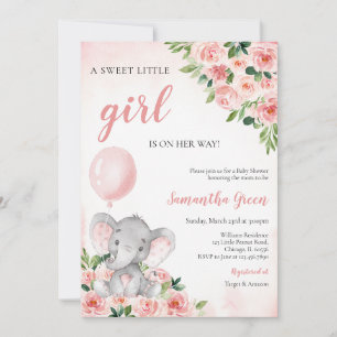Invitación Ducha de Bebé de Elefante Niña Rosa
