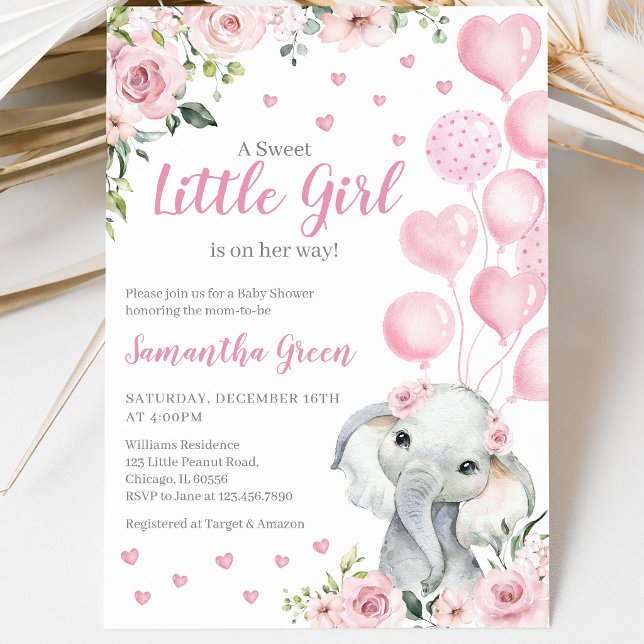 Invitación Ducha de Bebé de Elefante Niña Rosa (Subido por el creador)
