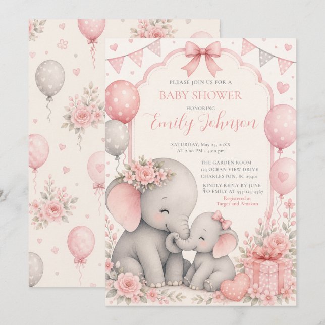 Invitación Ducha de Bebé de Elefante Rosa (Anverso / Reverso)