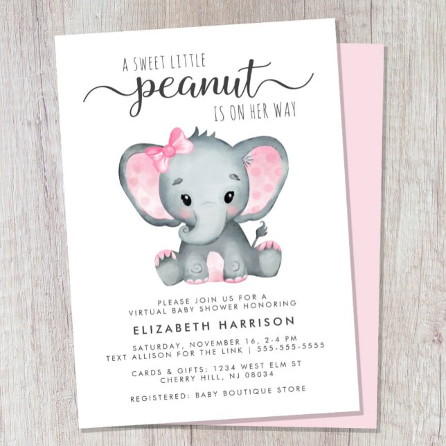 Invitación Ducha de bebé de Elefante Rosa Virtual (Cute girl virtual baby shower invitation)