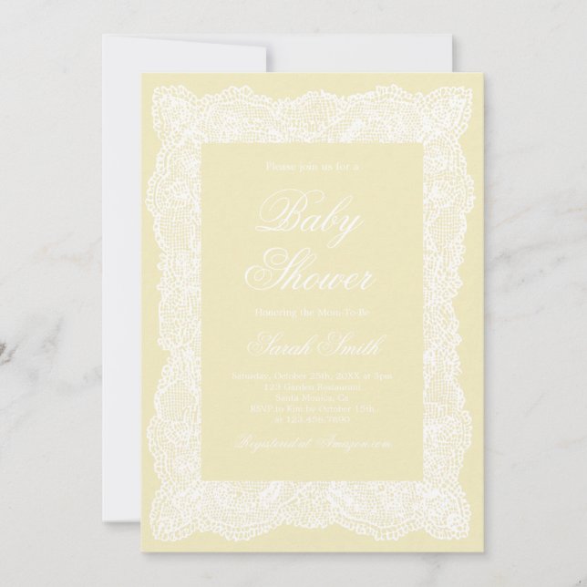 Invitación Ducha de Bebé de Encaje Amarillo Mantequilla (Anverso)