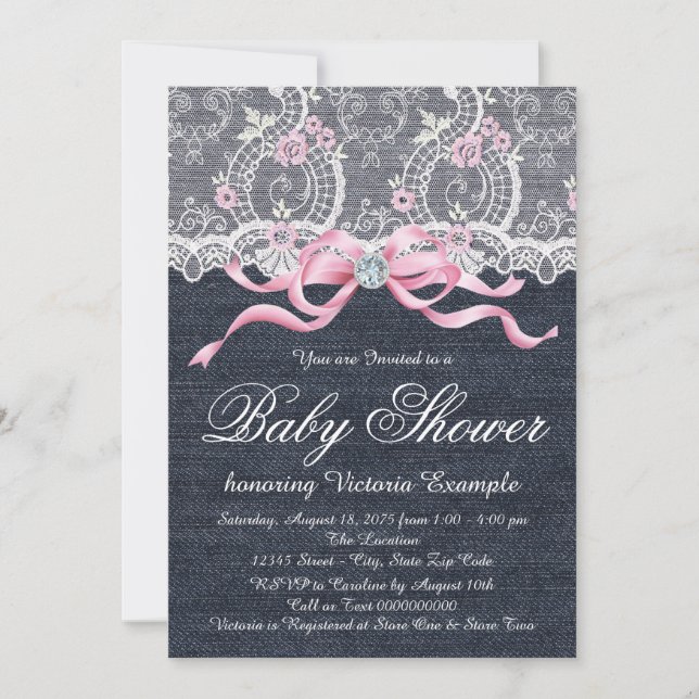 Invitación Ducha de Bebé de Encaje de Mezclilla con Lazo de D (Anverso)