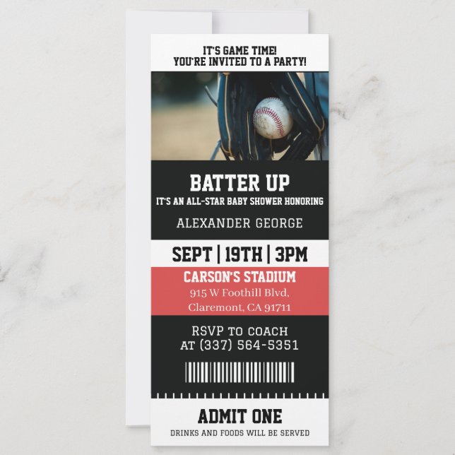 Invitación Ducha de bebé de entrada para partido de béisbol (Anverso)