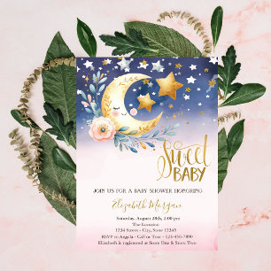 Invitación Ducha de bebé de estrellas nubes luna flor