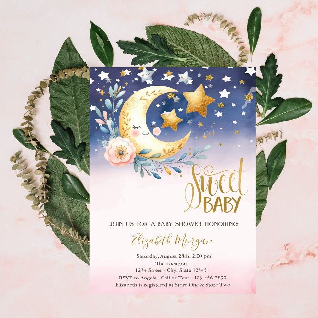Invitación Ducha de bebé de estrellas nubes luna flor (Subido por el creador)