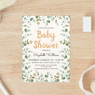 Invitación Ducha de bebé de eucalipto en acuarela neutra en c