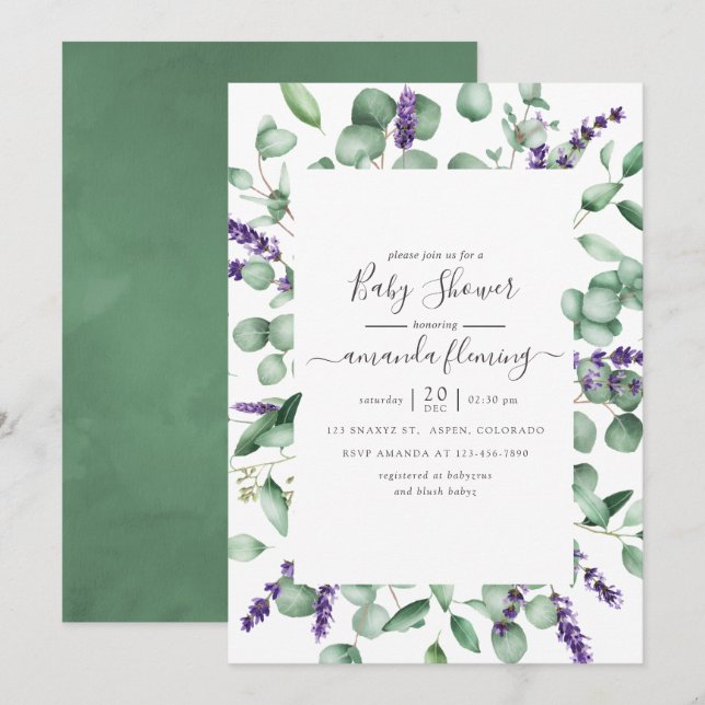 Invitación Ducha de bebé de eucalipto lavanda verde (Anverso / Reverso)
