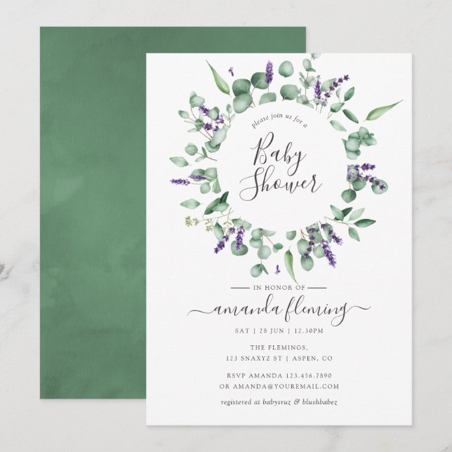 Invitación Ducha de bebé de eucalipto lavanda verde (Anverso / Reverso)