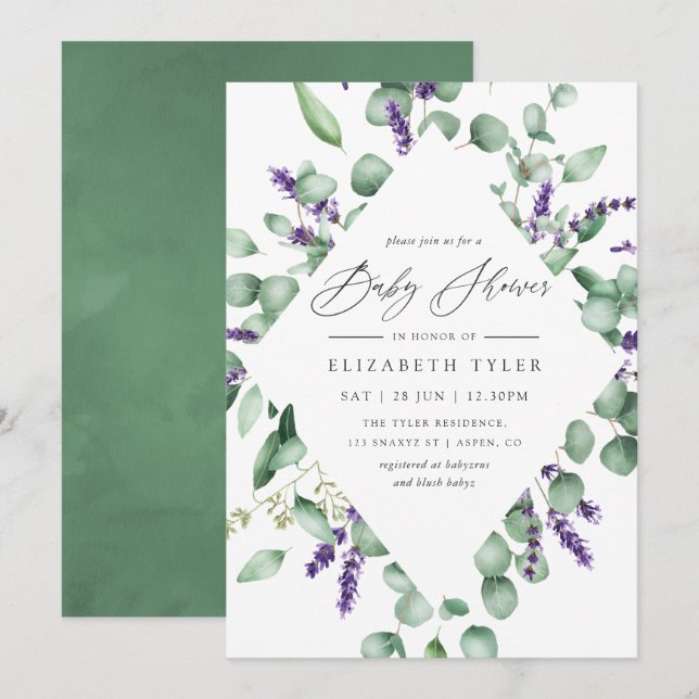 Invitación Ducha de bebé de eucalipto lavanda verde (Anverso / Reverso)