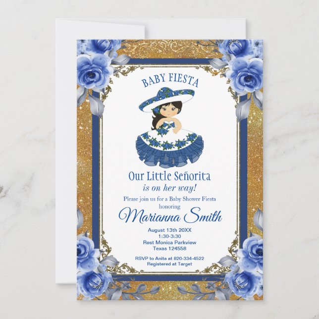 Invitación Ducha de bebé de fiesta mexicana con rosas azules  (Anverso)