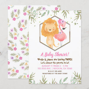 Invitación Ducha de Bebé de Flamenco y León con Acuarela Trop