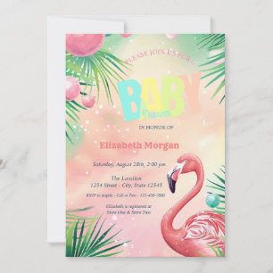 Invitación Ducha de bebé de flamencos elegantes y hojas de pa