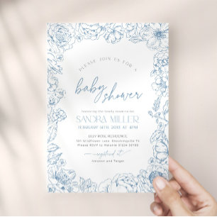Invitación Ducha de bebé de flor azul Toile de Jouy