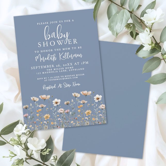 Invitación Ducha de bebé de flor silvestre azul polvorienta (Dusty Blue Wildflower Baby Shower Invitation)