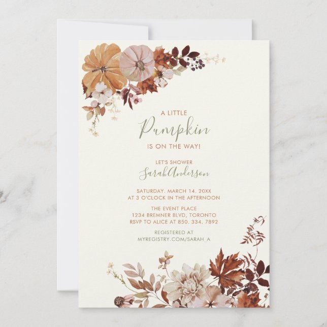 Invitación Ducha de bebé de Floral Otoñal Rústico de Calabaza (Anverso)