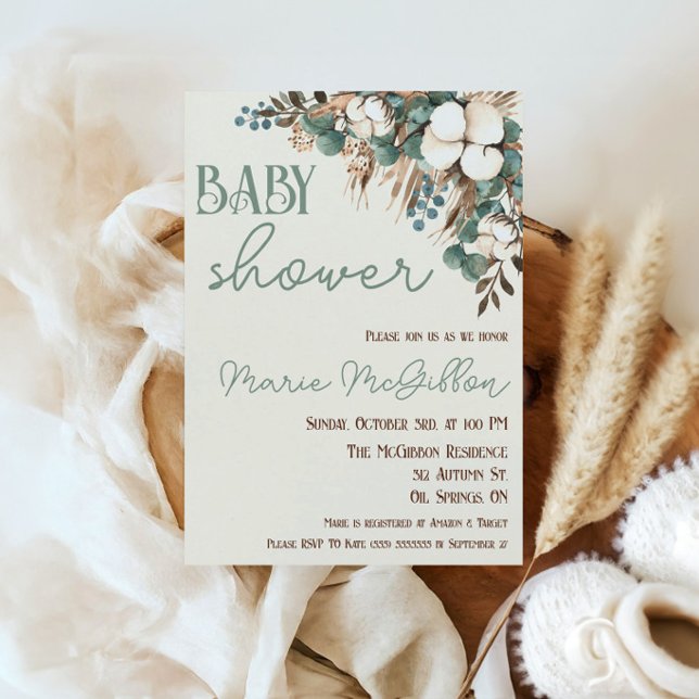 Invitación Ducha de Bebé de Floral Turquesa, Algodón y Hierba (Subido por el creador)