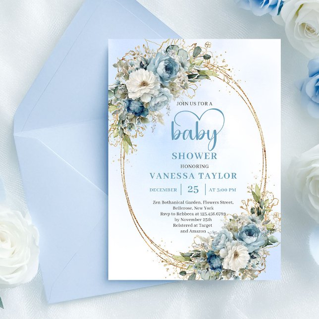 Invitación Ducha de bebé de flores azul pastel con acuarela y (Pastel Blue Watercolor Flowers Gold Baby Shower Invite

)